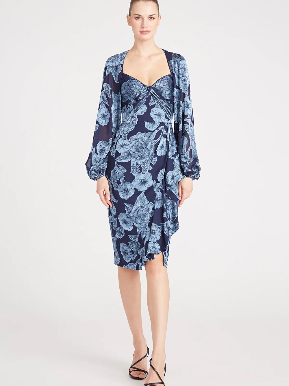Theia Joslyn Bishop Sleeve Blue Floral Midi Dress NWOT - Picture 3 of 16